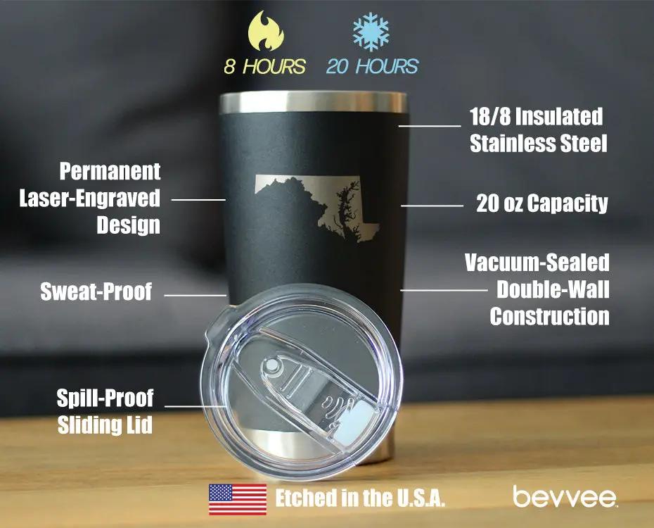 Maryland State Outline Coffee Tumbler | 20 Oz | Double Wall Stainless Steel | Sliding Lid