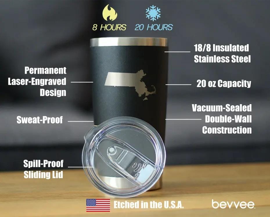 Insulated Coffee Tumbler | 20 oz Stainless Steel | Sliding Lid | Massachusetts State Outline
