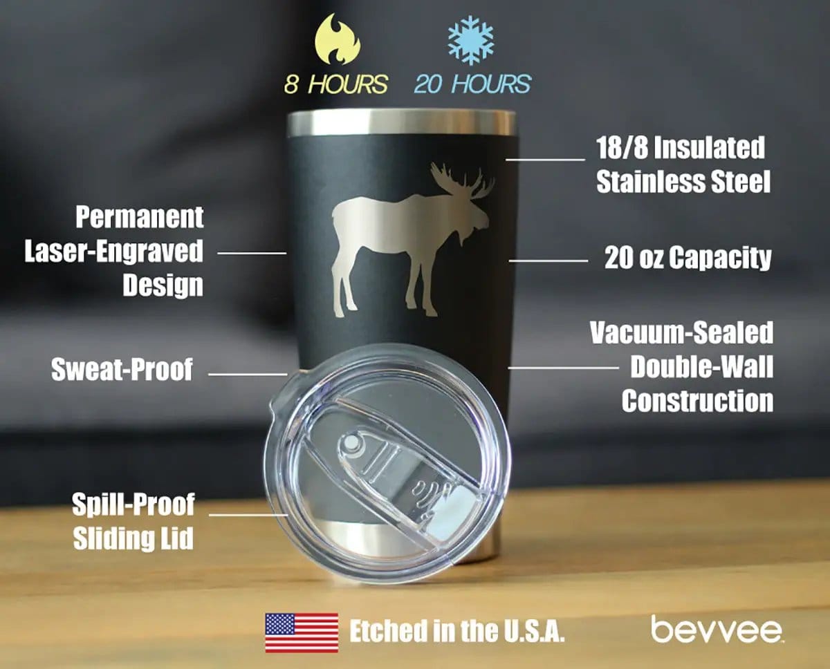 Insulated Coffee Tumbler | 20 oz Stainless Steel | Sliding Lid | Moose Silhouette