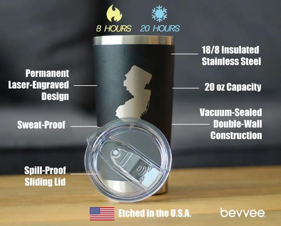 Insulated Coffee Tumbler | 20 oz Stainless Steel | Sliding Lid | New Jersey Sate Outline