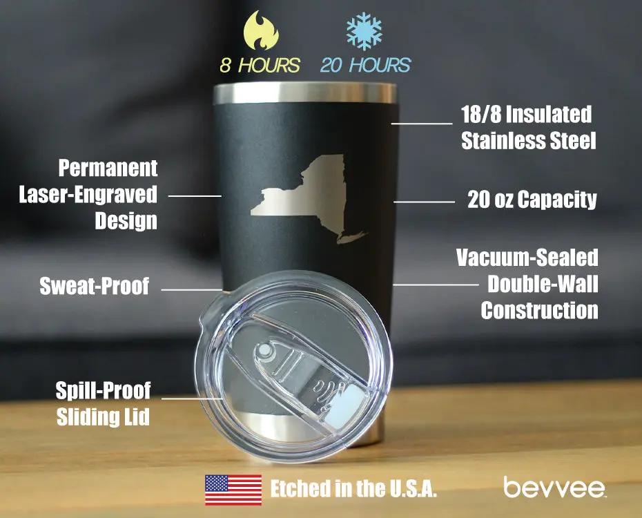 New York State Outline Coffee Tumbler | 20 Oz Double Wall Stainless Steel | Sliding Lid | New York Gifts Women and Men New Yorkers