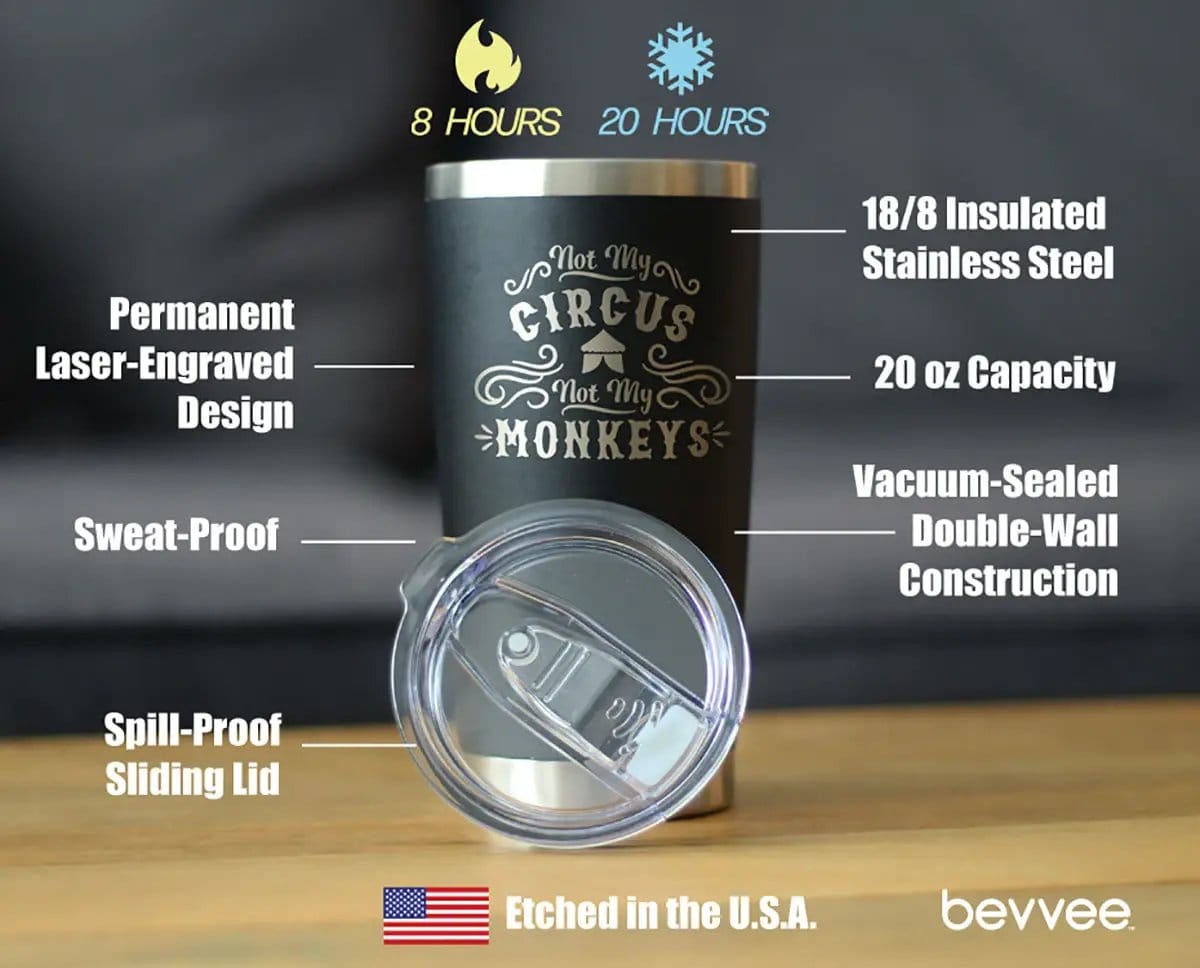 Insulated Coffee Tumbler | 20 oz Stainless Steel | Sliding Lid | Not My Circus Not My Monkeys