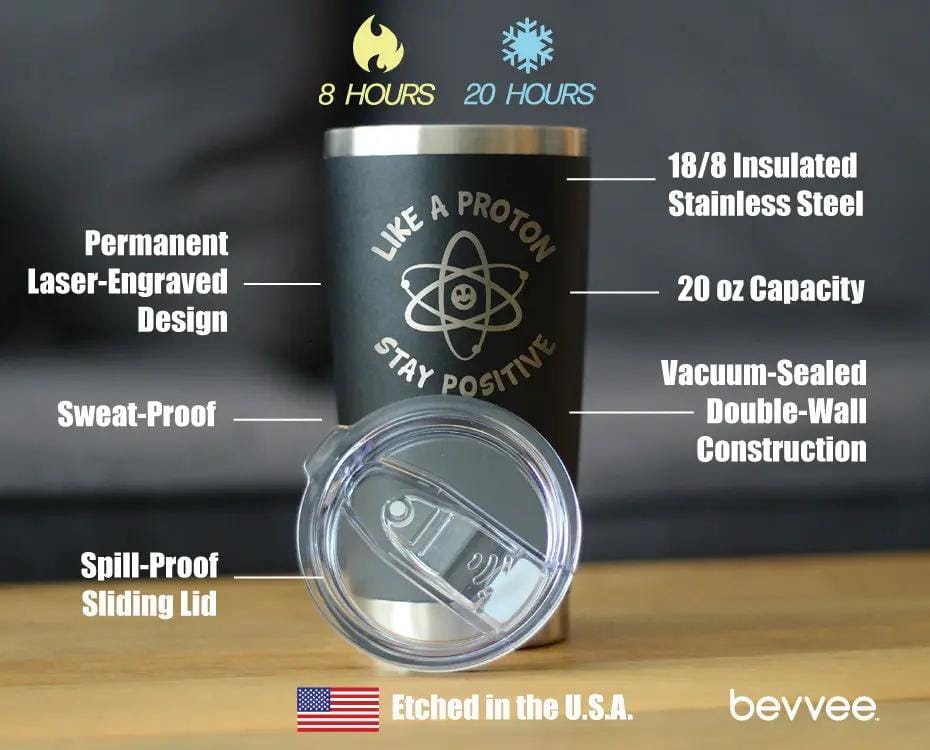 Insulated Coffee Tumbler | 20 oz Stainless Steel | Sliding Lid | Like a Proton, Stay Positive