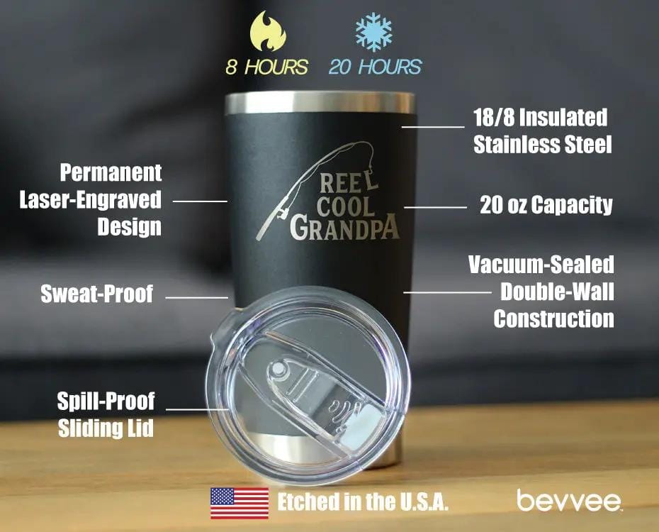 Insulated Coffee Tumbler | 20 oz Stainless Steel | Sliding Lid | Reel Cool Grandpa