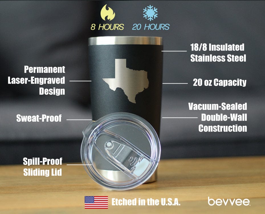 Insulated Coffee Tumbler | 20 oz Stainless Steel | Sliding Lid | Texas State Outline