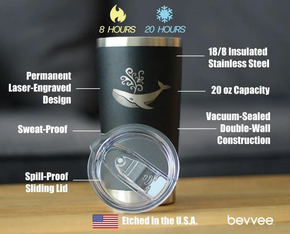 Insulated Coffee Tumbler | 20 oz Stainless Steel | Sliding Lid | Decorative Whale