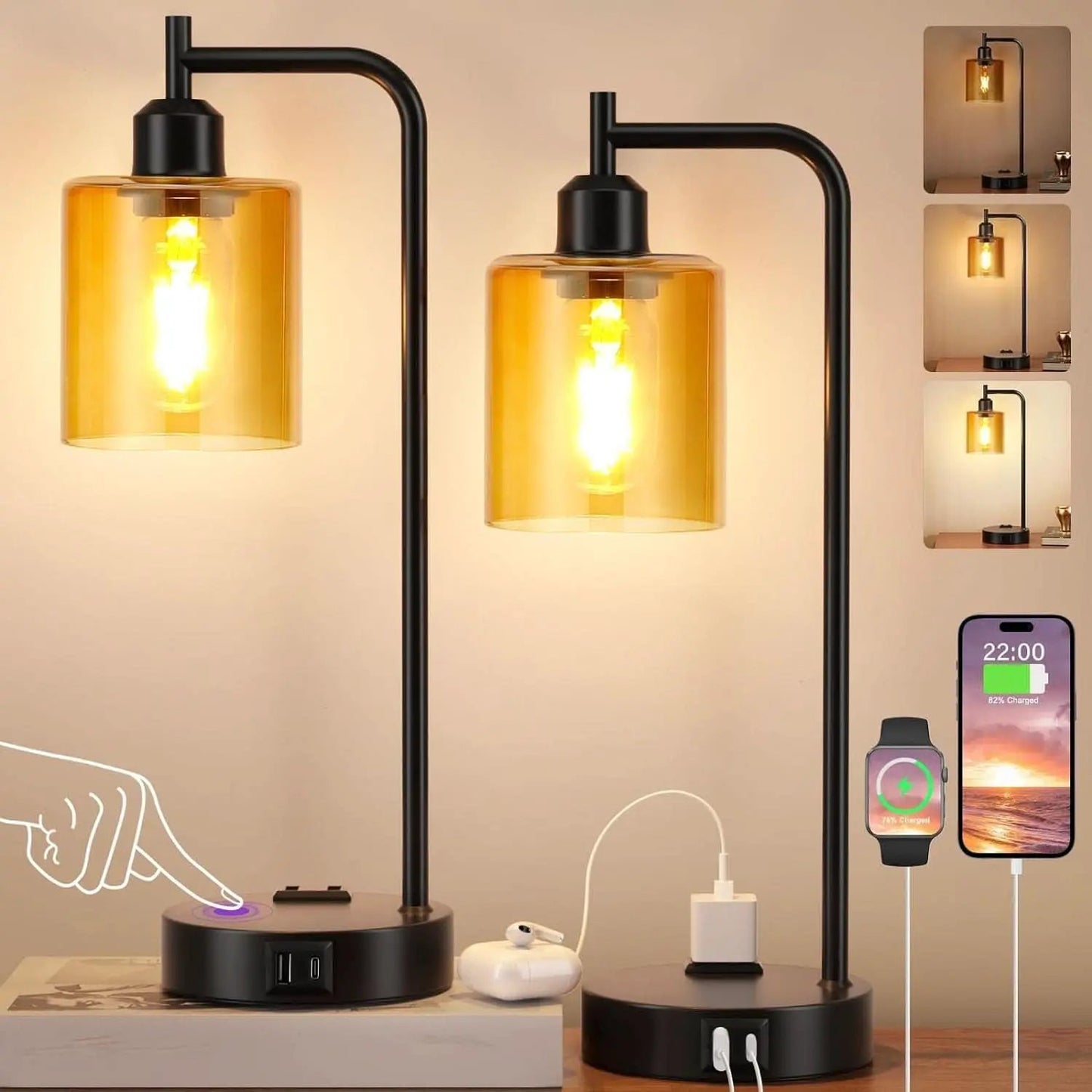 Set of 2 Nightstand Lamps 3 Way Dimmable Touch With USB Ports Amber Glass Shade from PriceLows™