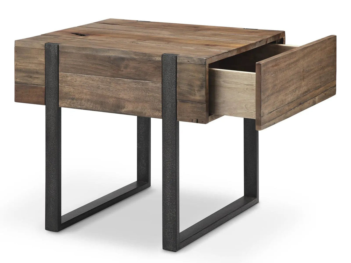 Prescott Reclaimed Wood Table | Rustic Honey Finish | Distressed Iron Base | Hardwood Veneer