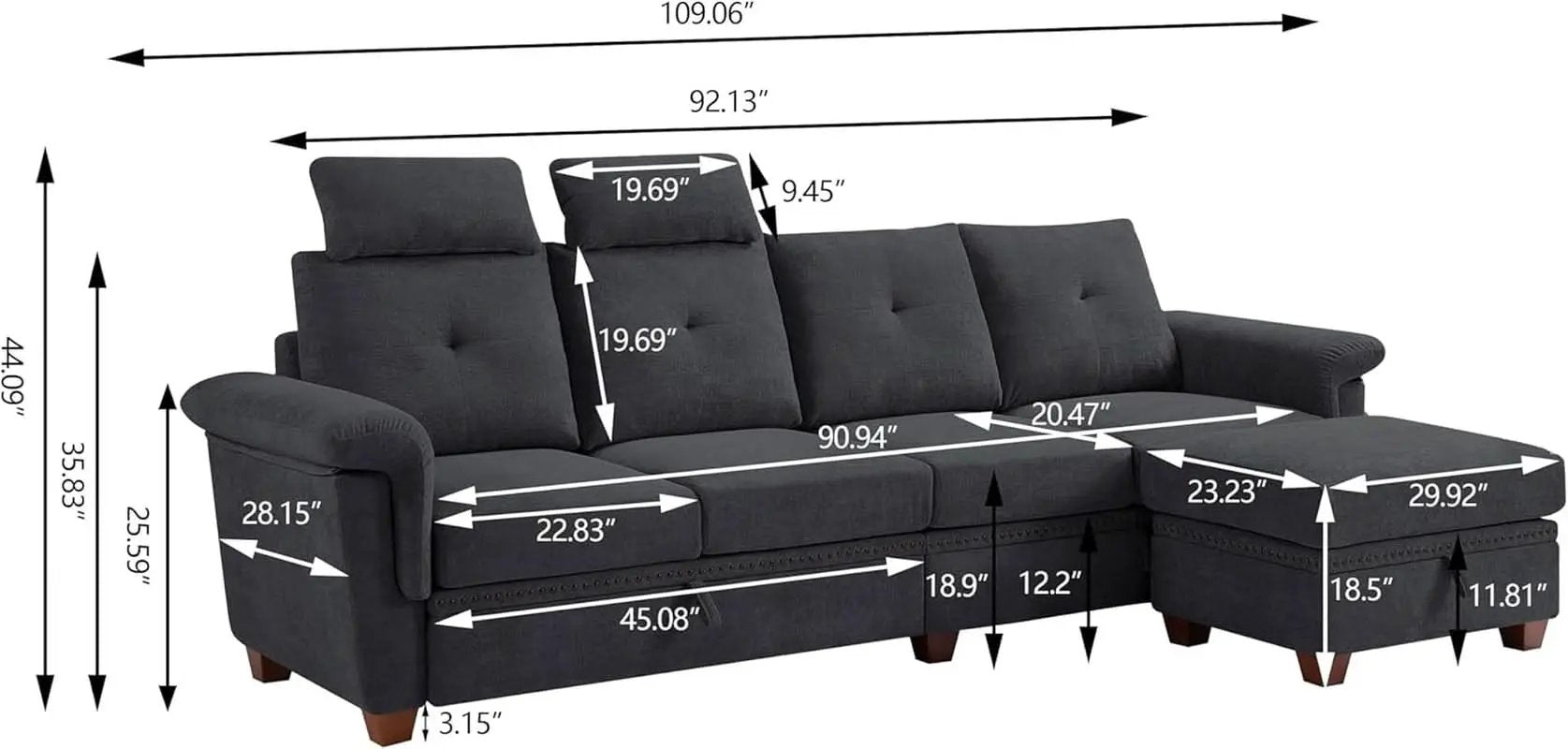 L Shaped Sectional Sofa With Storage Chaise Dark Grey from PriceLows™