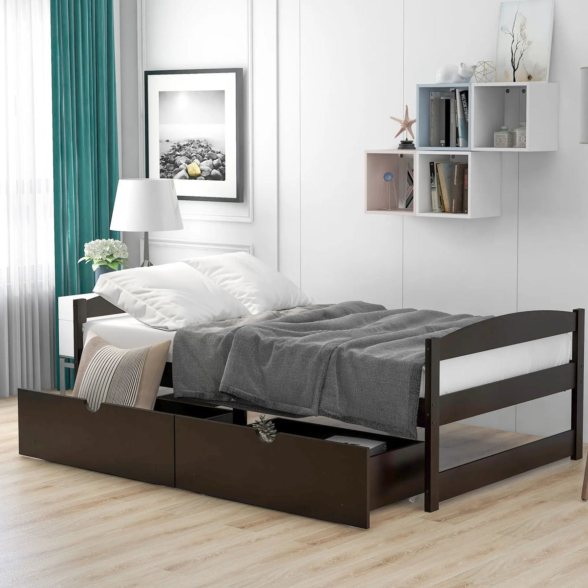 Platform Bed | Pine Wood Frame | Dual Rolling Drawers