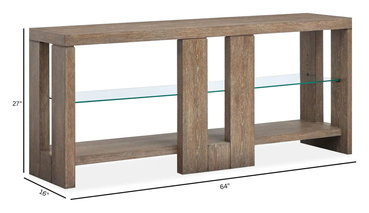 Conway Console Sofa Table | 16 x 64 x 27 in | Oak Veneer & Tempered Glass | Spiced Brown