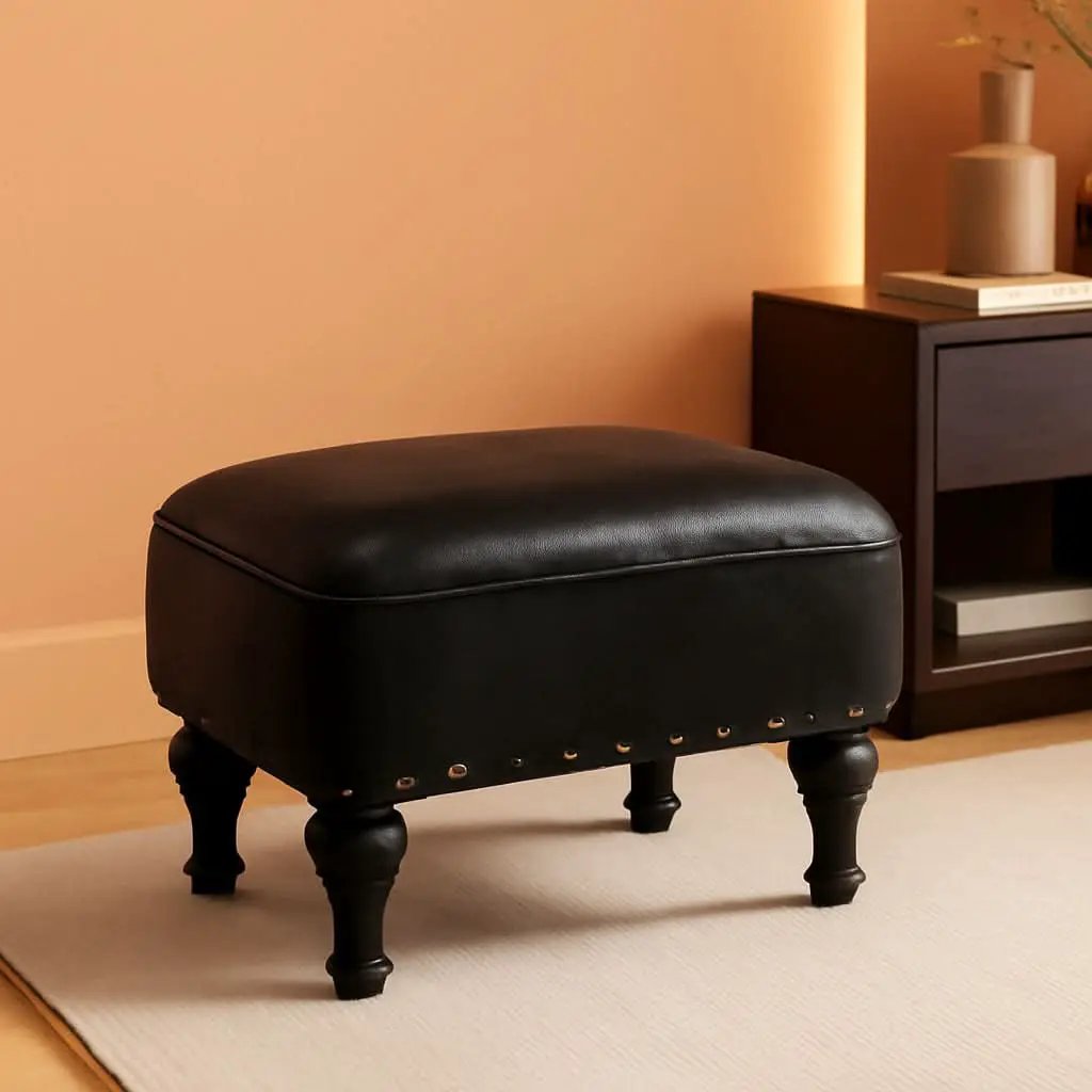 Black Leather Ottoman Footstool With Thick Padded Foam from PriceLows™