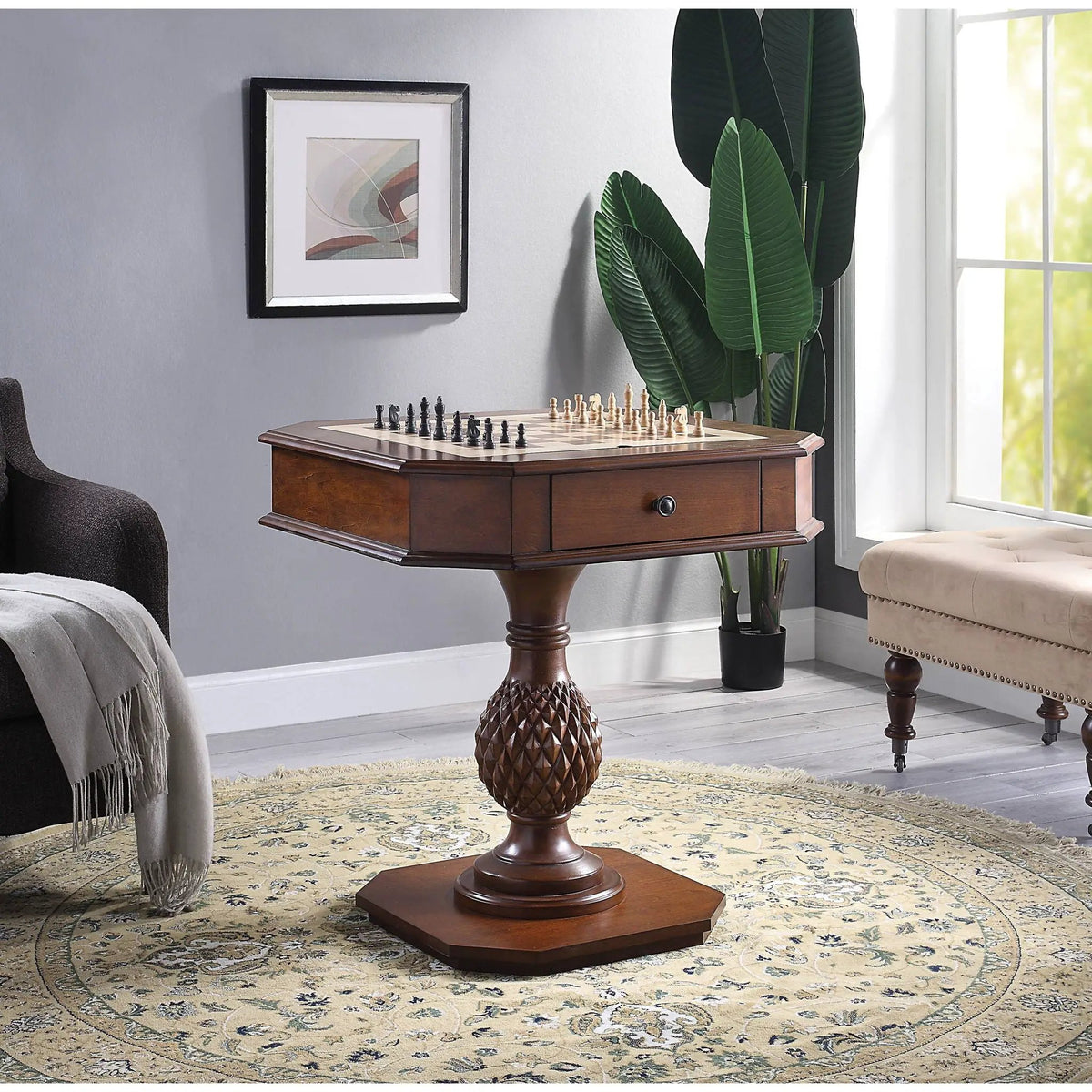 Bishop Cherry Chess Checker Game Table | Reversible Game Tray | Two Storage Drawers | Classic Design