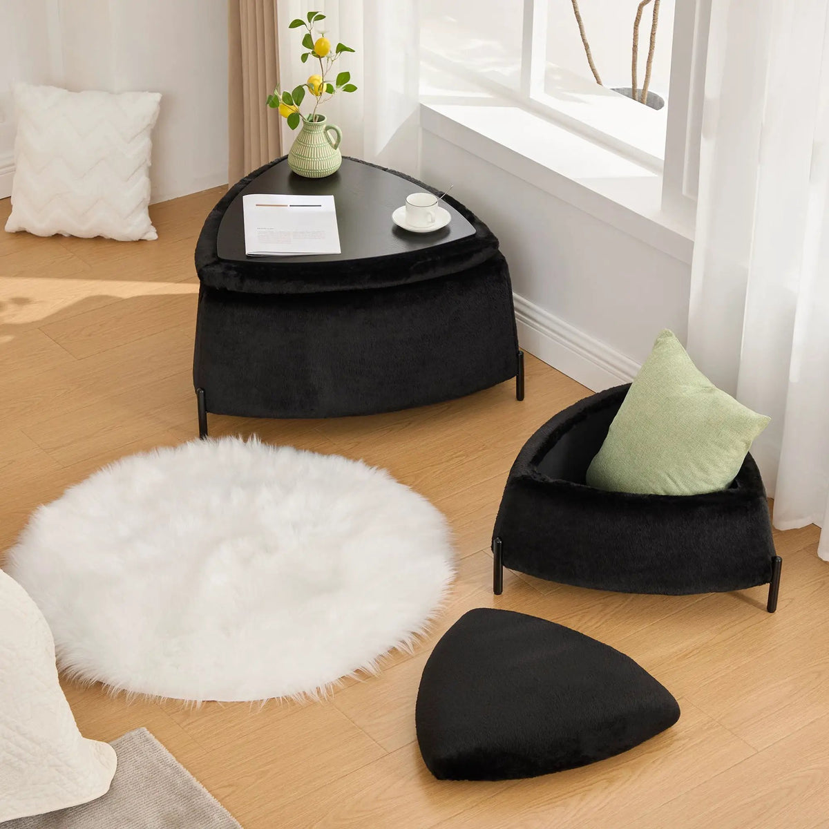 Storage Ottoman Set | Upholstered Faux Fur | Reversible Lid | Solid Wood Frame