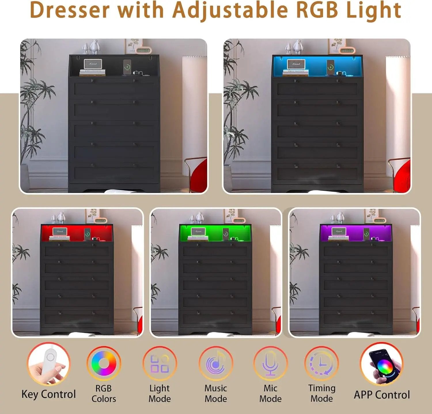 Tall Black Dresser With Customizable RGB Illumination from PriceLows™