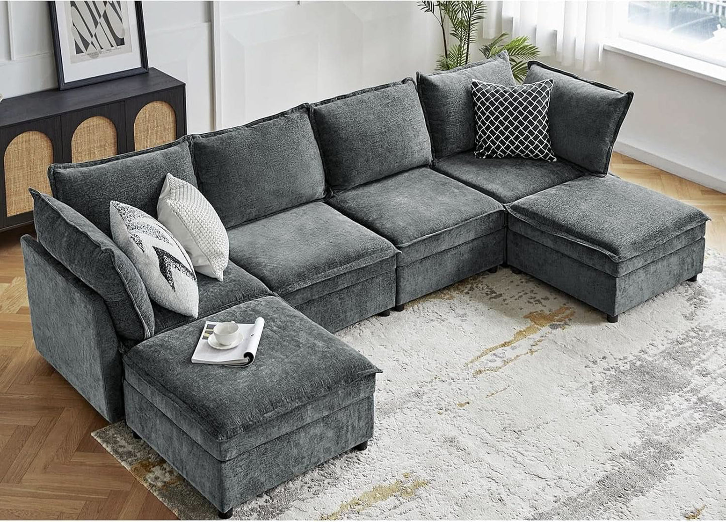 127 Inch Grey Modular Sectional Sofa With Storage Ottoman from PriceLows™