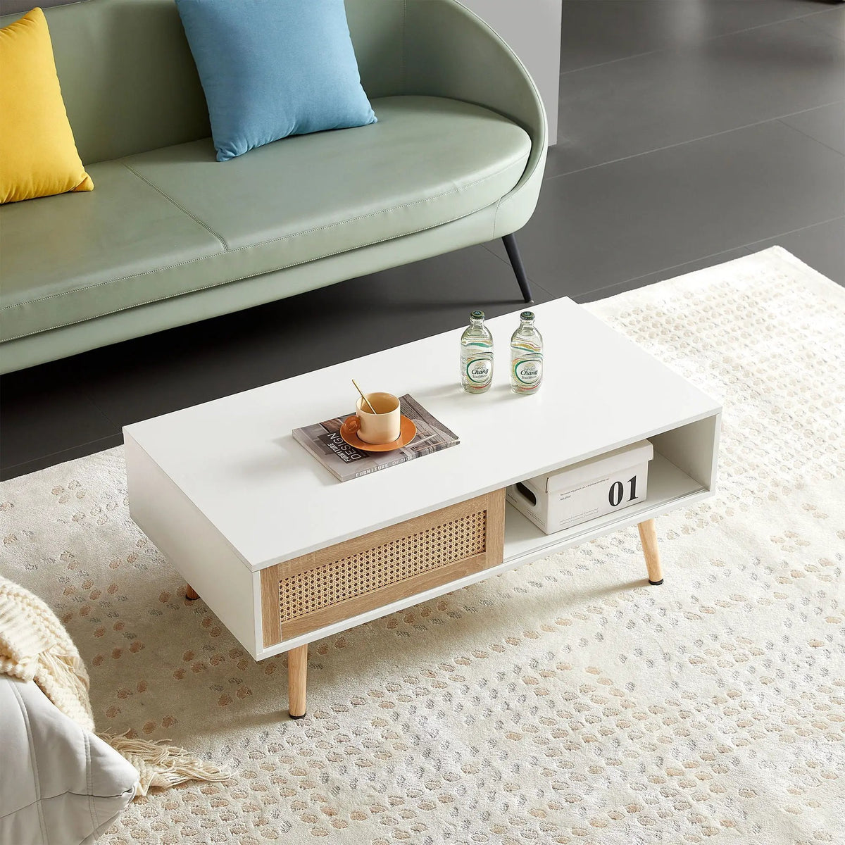Rattan Coffee Table | 41.34 Inch Width | Sliding Storage Door | Solid Wood Legs