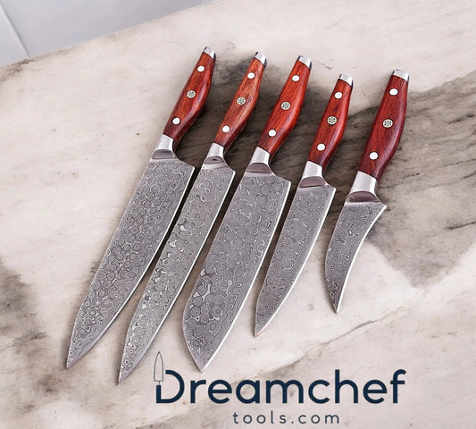 Kitchen Knife Set with Block – 13” Handmade Damascus Chef Knife with Rosewood Handle & Leather Sheath from PriceLows™
