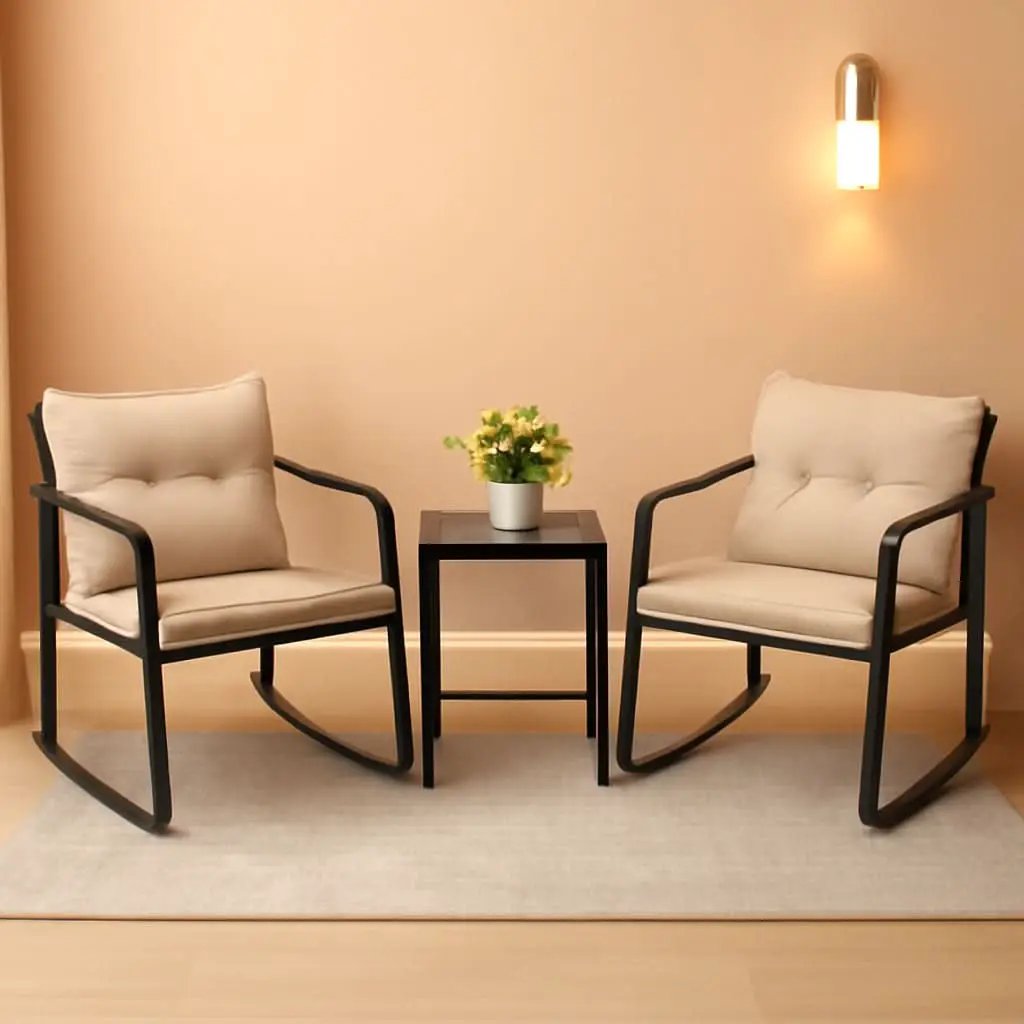 Beige 3 Piece Rocking Patio Bistro Set With Tempered Glass Coffee Table For Outdoor Furniture from PriceLows™
