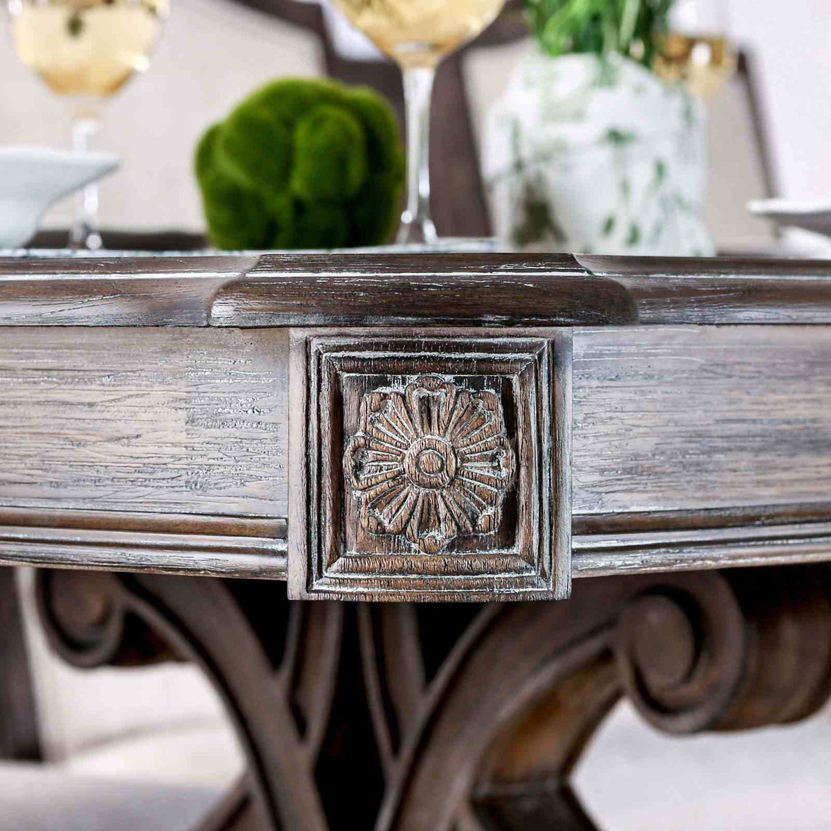 Rustic Dining Set | 96 Inch Table | Upholstered Chairs | Intricate Wood Inlay Details