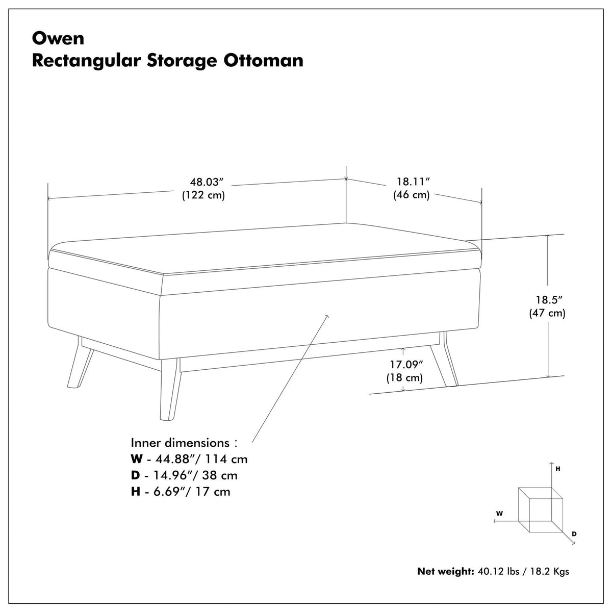 Storage Ottoman | Rectangular Design | Solid Wood Frame | Lift Top