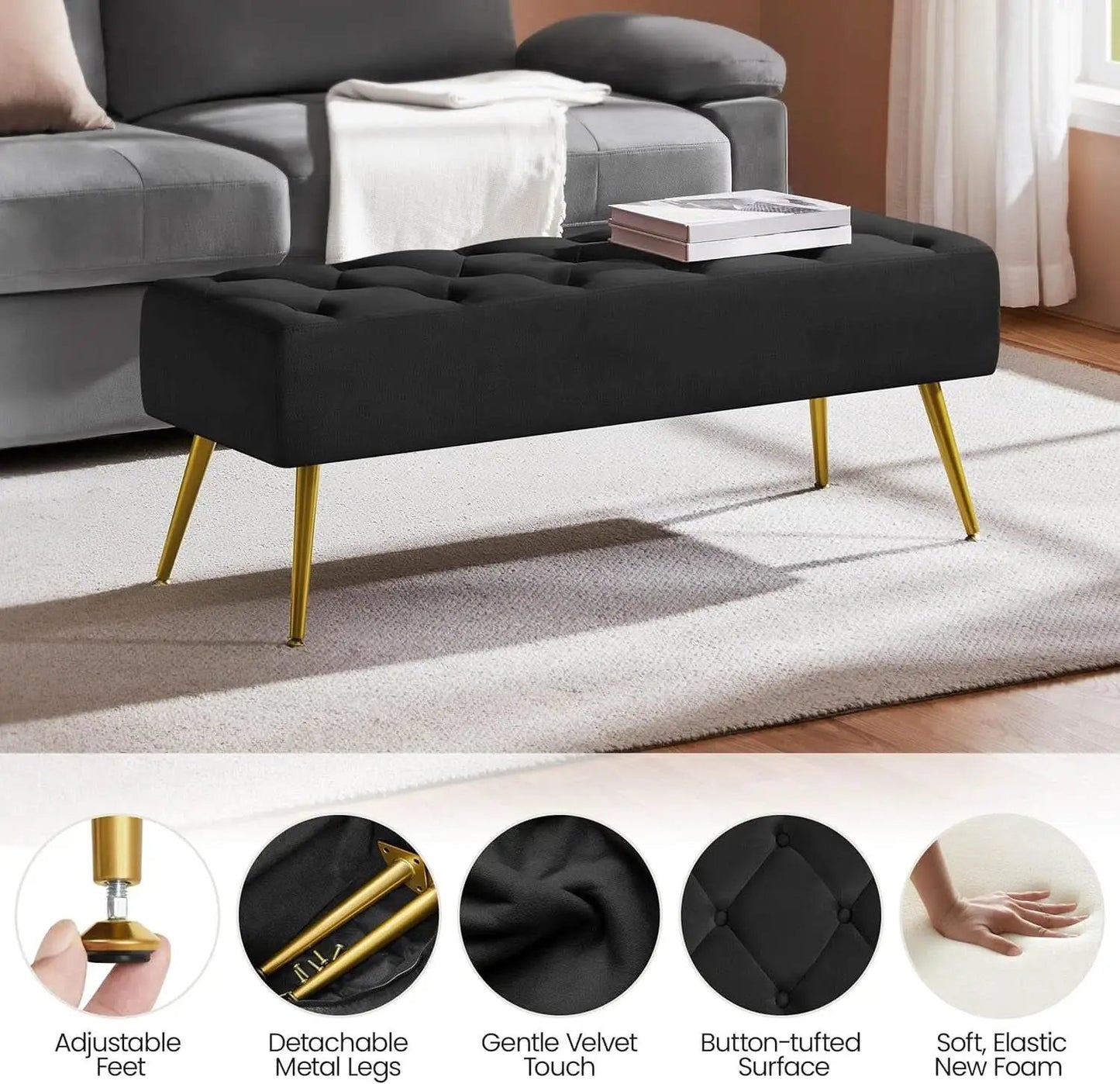 Black Velvet Upholstered Ottoman Bench Golden Legs from PriceLows™