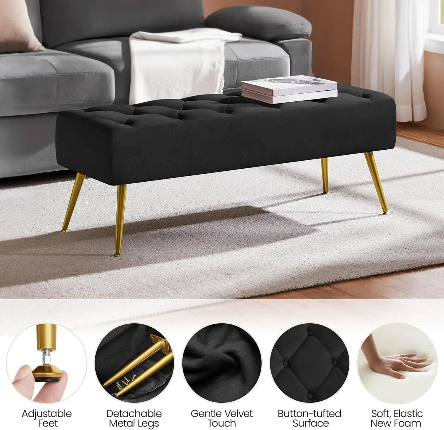 Black Velvet Upholstered Ottoman Bench Golden Legs from PriceLows™