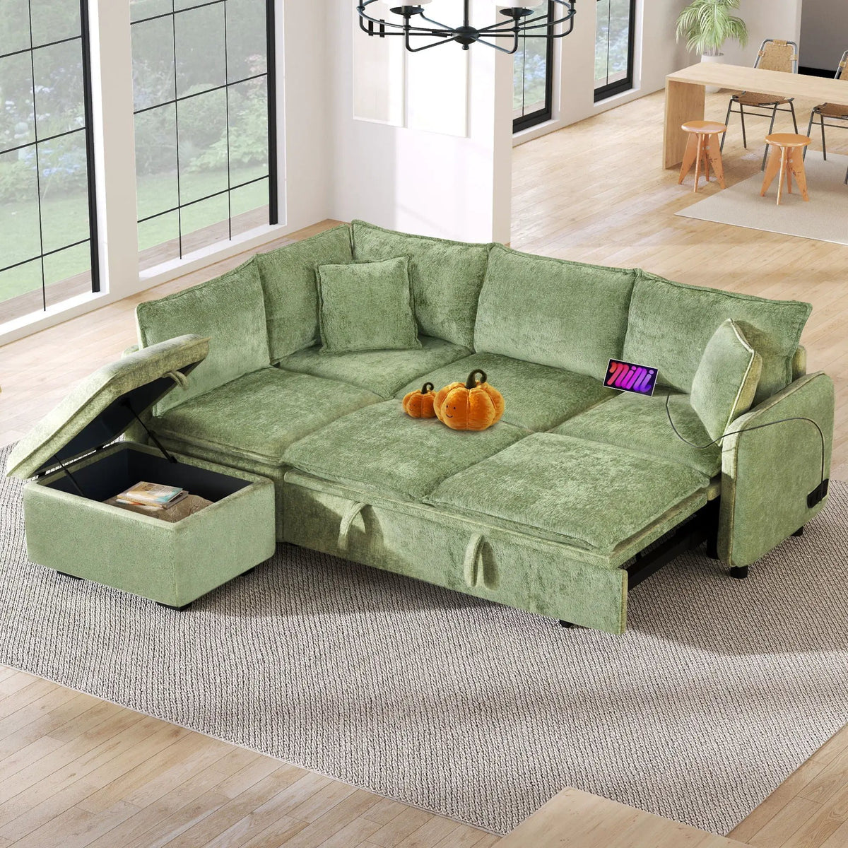 Convertible Sofa Bed | L Shaped Sectional | Storage Ottoman | Two USB Ports
