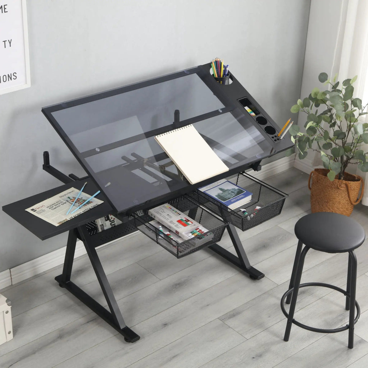 Tempered Glass Drafting Table | Adjustable Tilt 0 To 75 Degrees | Two Metal Drawers | Chair Included