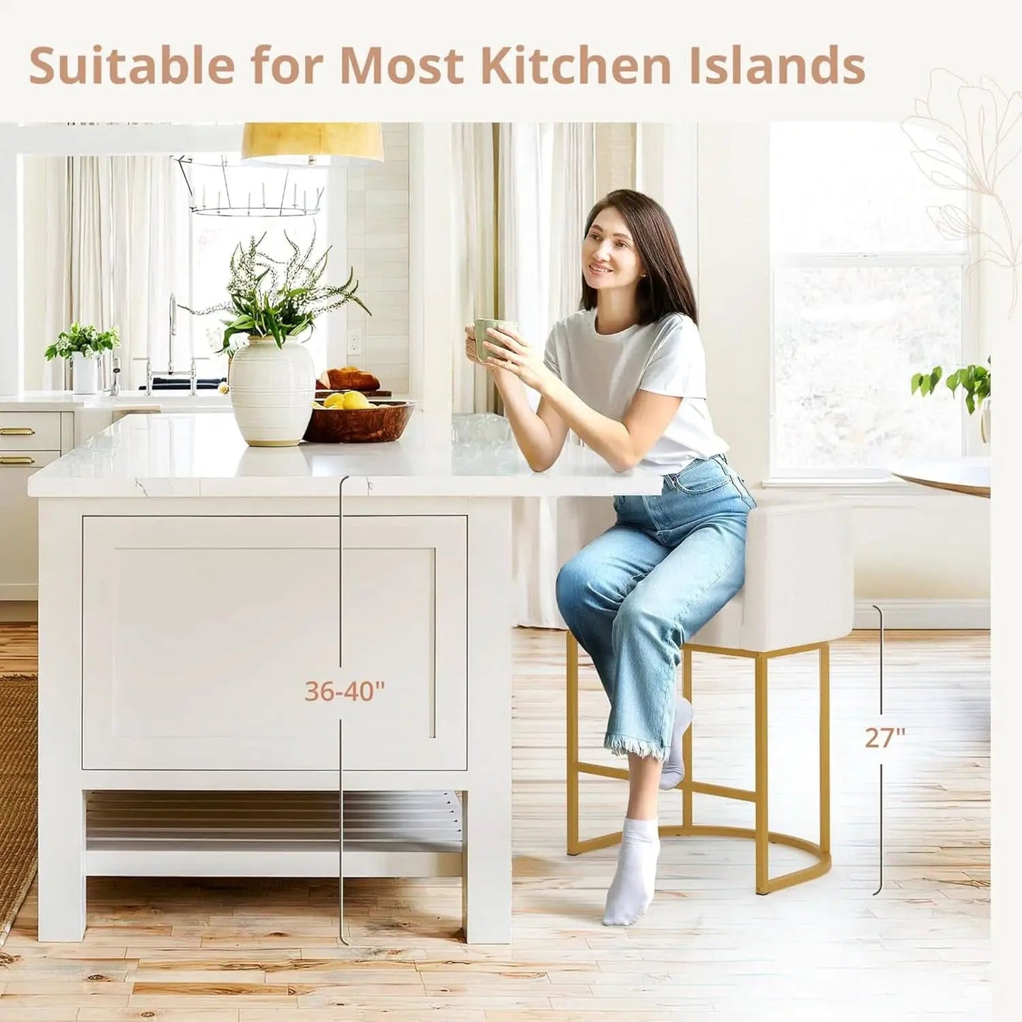 27 Inch Counter Height Bar Stools With Backrest And Arms Gold Metal Frames Beige Linen Upholstery from PriceLows™