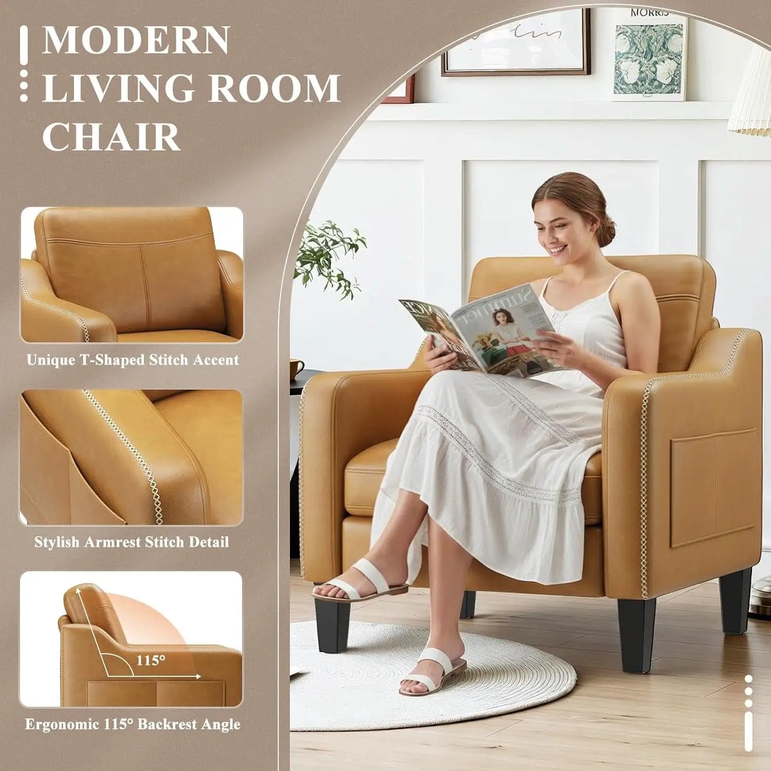 Brown PU Leather Accent Armchair With Removable Cushions from PriceLows™