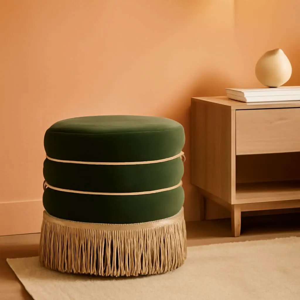 Olive Performance Velvet Round Ottoman With Fringe from PriceLows™