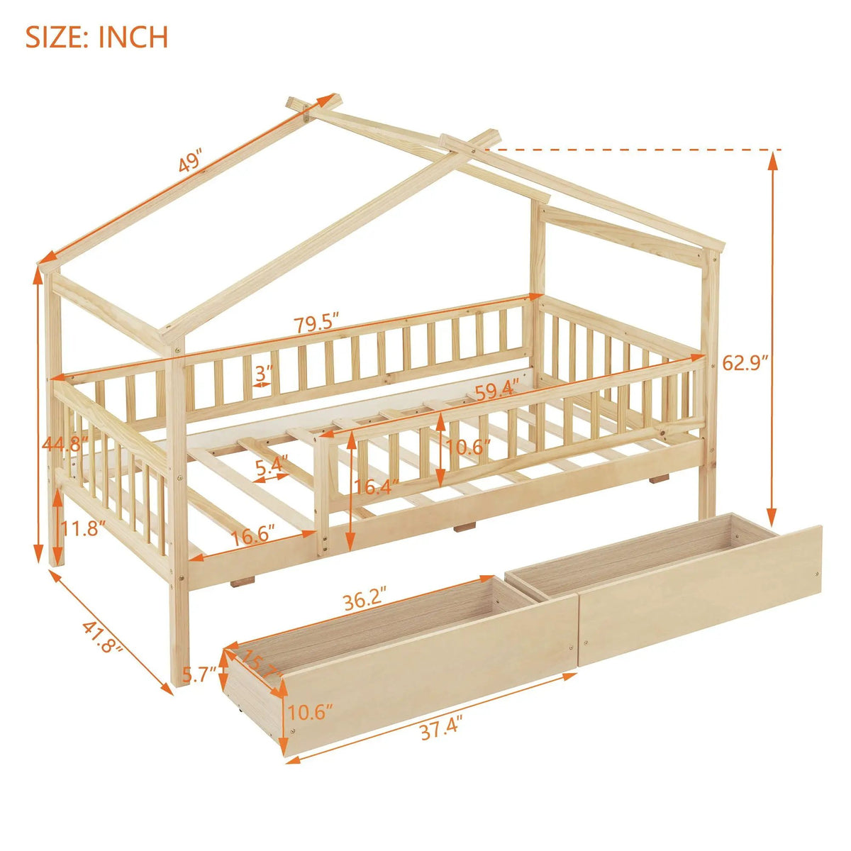 Kids House Bed With 2 Drawers | Sky Roof Design | Classic House Shape | 62.9 Inch Height