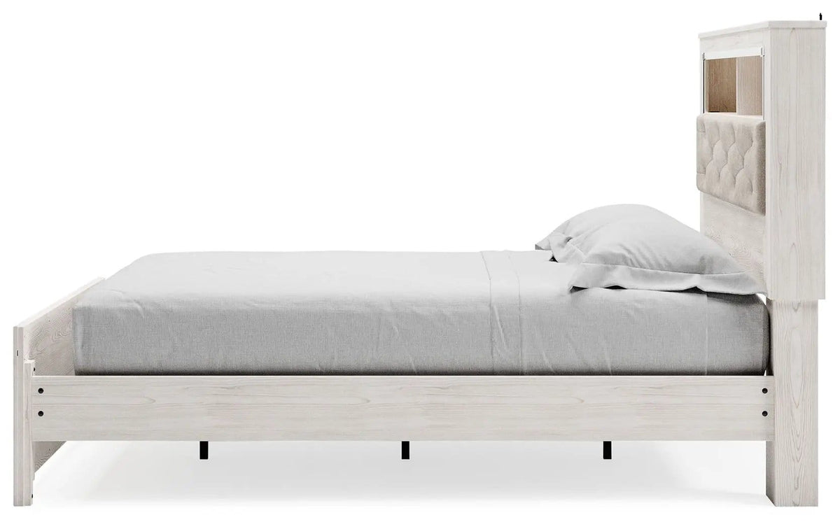 Altyra Queen Panel Bookcase Bed With Roll Slats | Storage Bed | Engineered Wood & Polyester | White