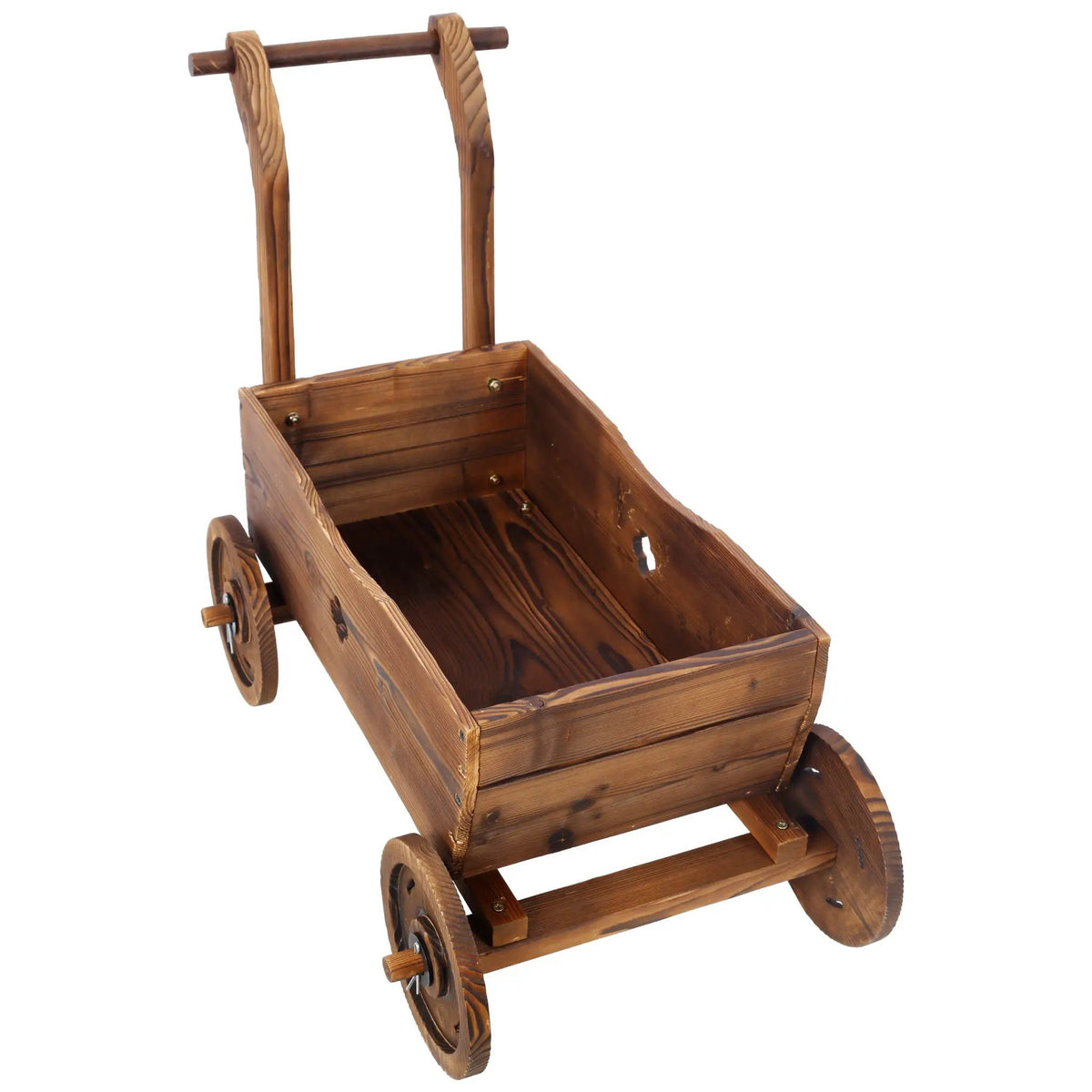 Wooden Wagon Planter Box | Four Sturdy Wheels | Ergonomic Handle | Brown