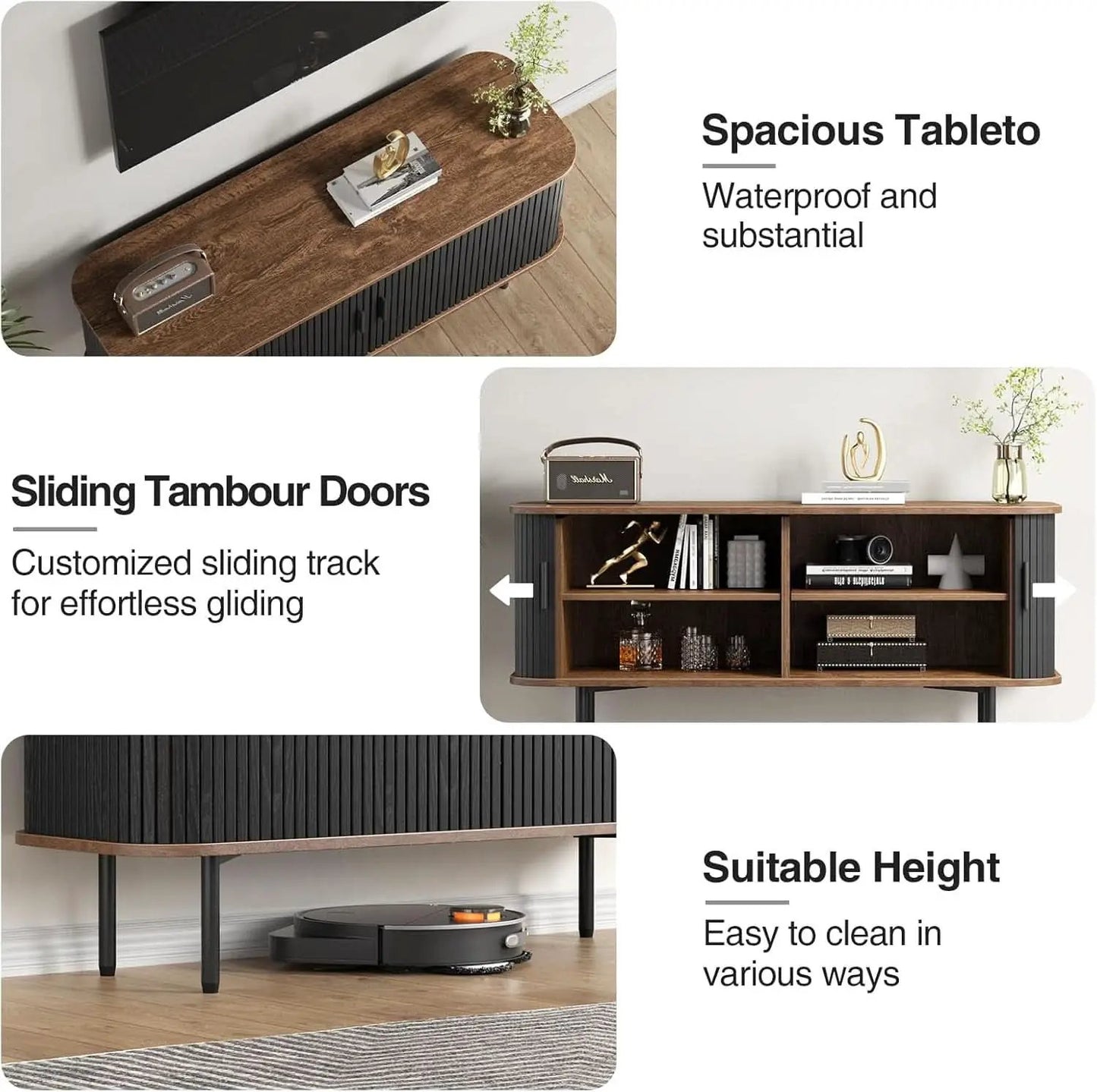 47 Inch Black TV Stand With Sliding Doors And Storage from PriceLows™