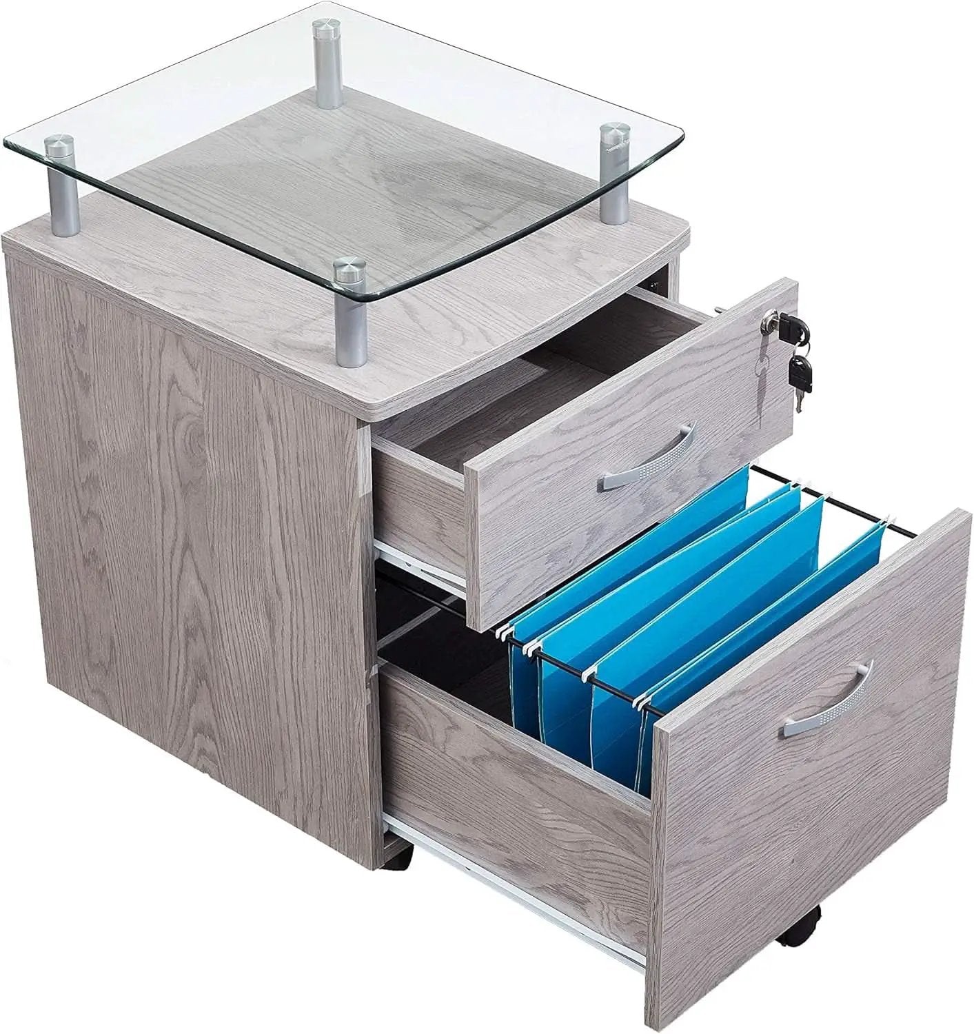 Two Drawer Rolling File Cabinet With Lock And Glass Top Under Desk Printer Stand Grey Office Furniture from PriceLows™