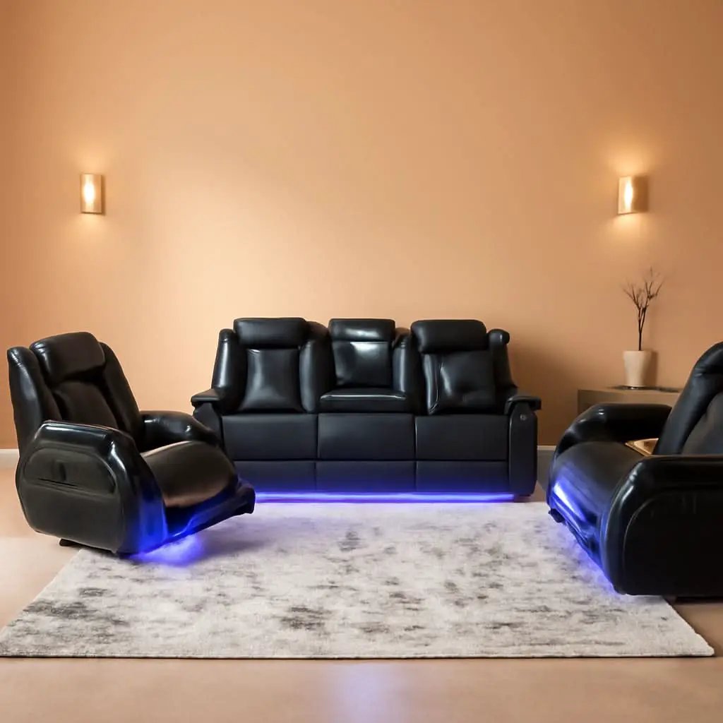 Black Power Air Leather Recliner Sofa Set With LED Lights from PriceLows™