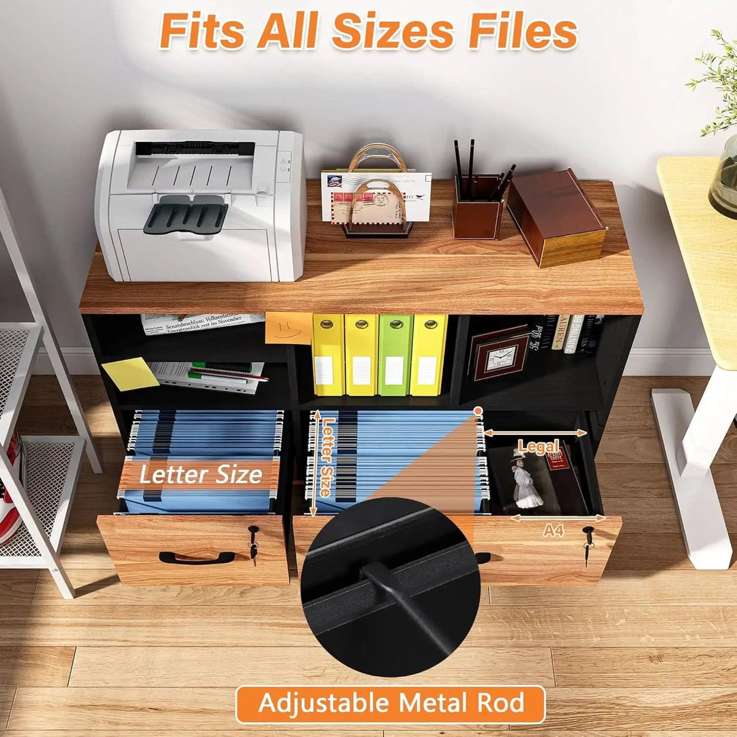 Wooden 2 Drawer File Cabinet Lockable Rolling with Adjustable Shelves Rustic Brown and Black from PriceLows™
