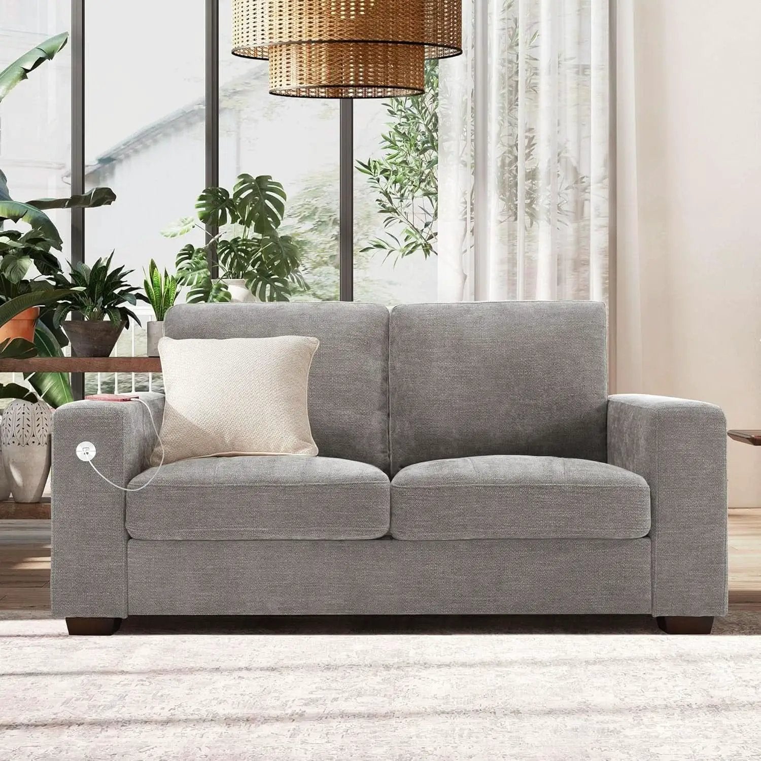 70 Inch Gray Chenille Loveseat With USB C Ports And Plush Cushions from PriceLows™