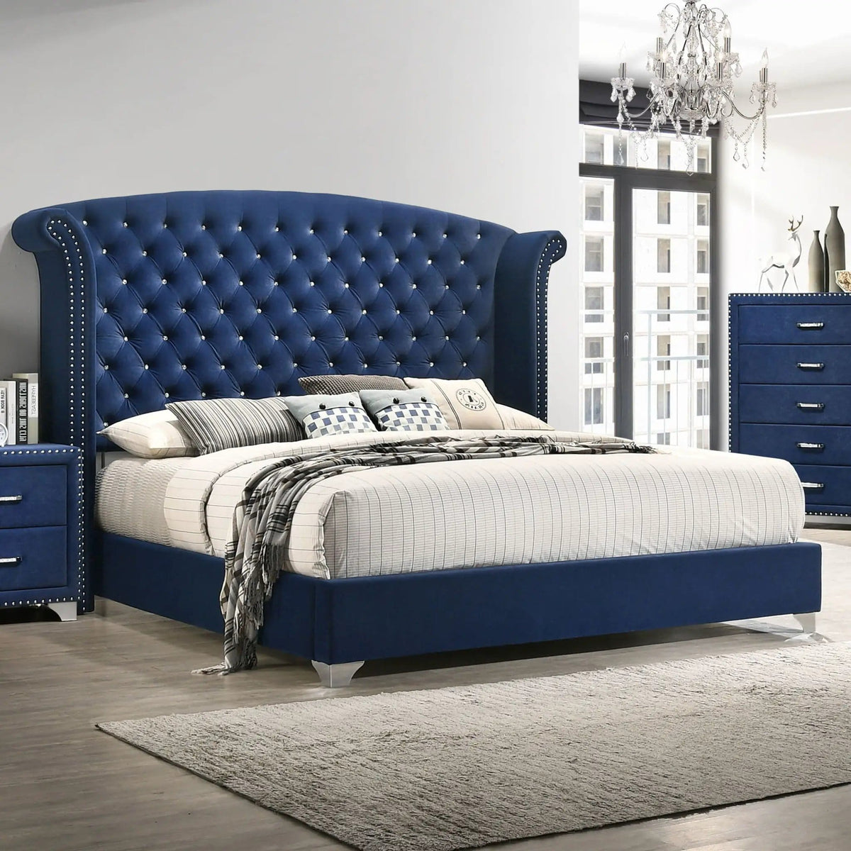 Melody Upholstered Eastern King Wingback Bed Pacific | 96.25 x 86.75 x 66.25 in | Velvet | Blue
