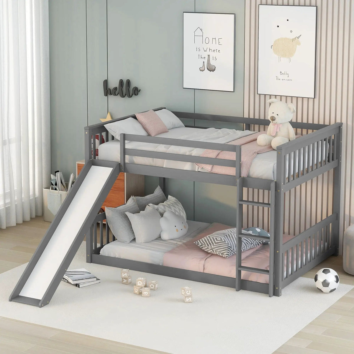 Low Loft Bunk Bed | Built-In Slide And Ladder | Pinewood Frame | Modern Clean Design