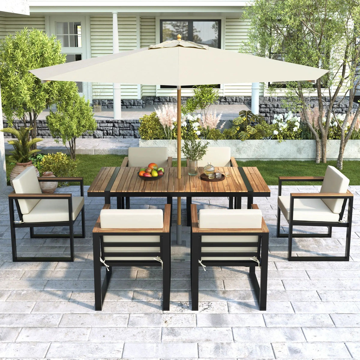 7-Piece Outdoor Dining Set | Acacia Wood And Steel Frame | Removable Cushions | Patio Table And Chairs