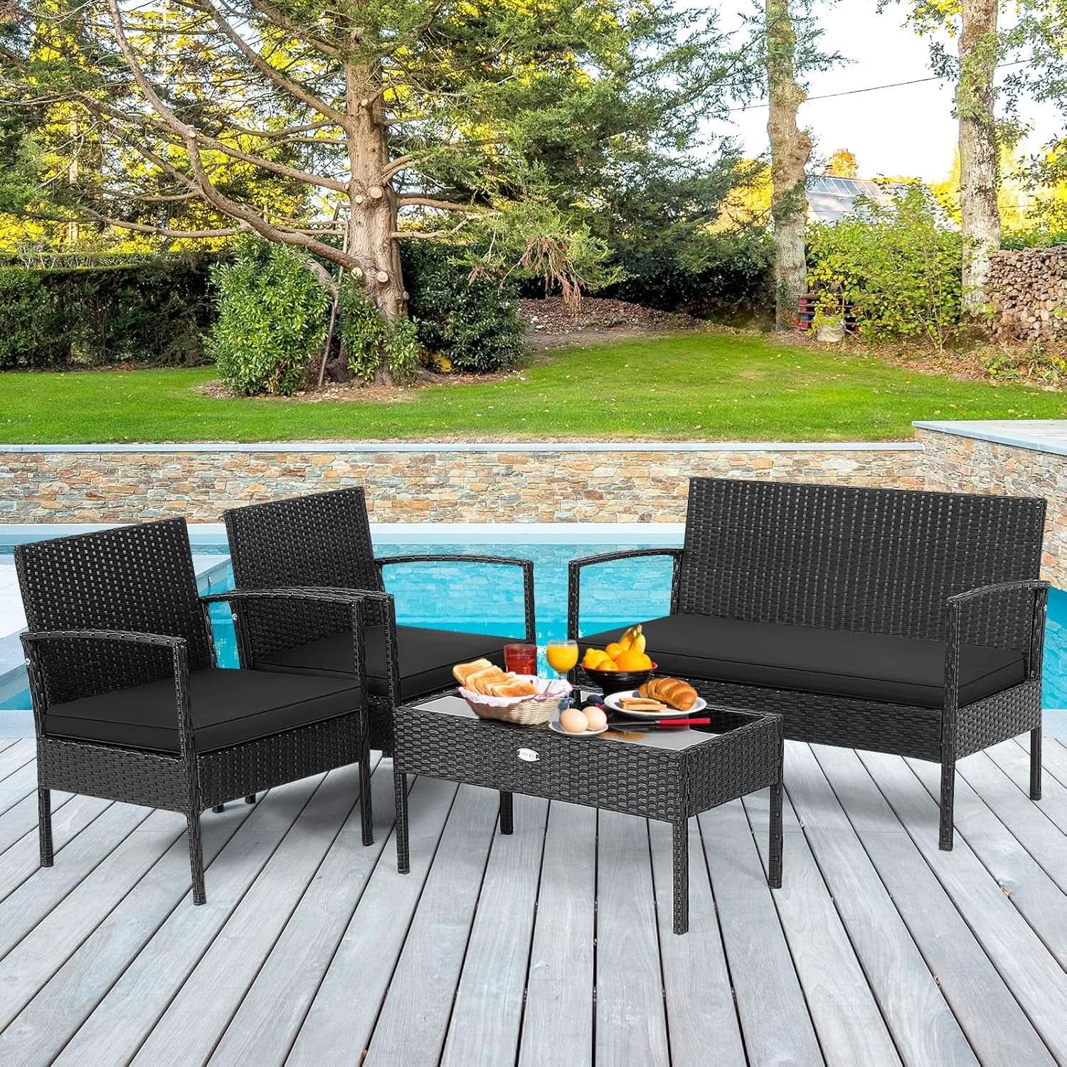 4 Piece Patio Rattan Conversation Set Glass Coffee Table from PriceLows™