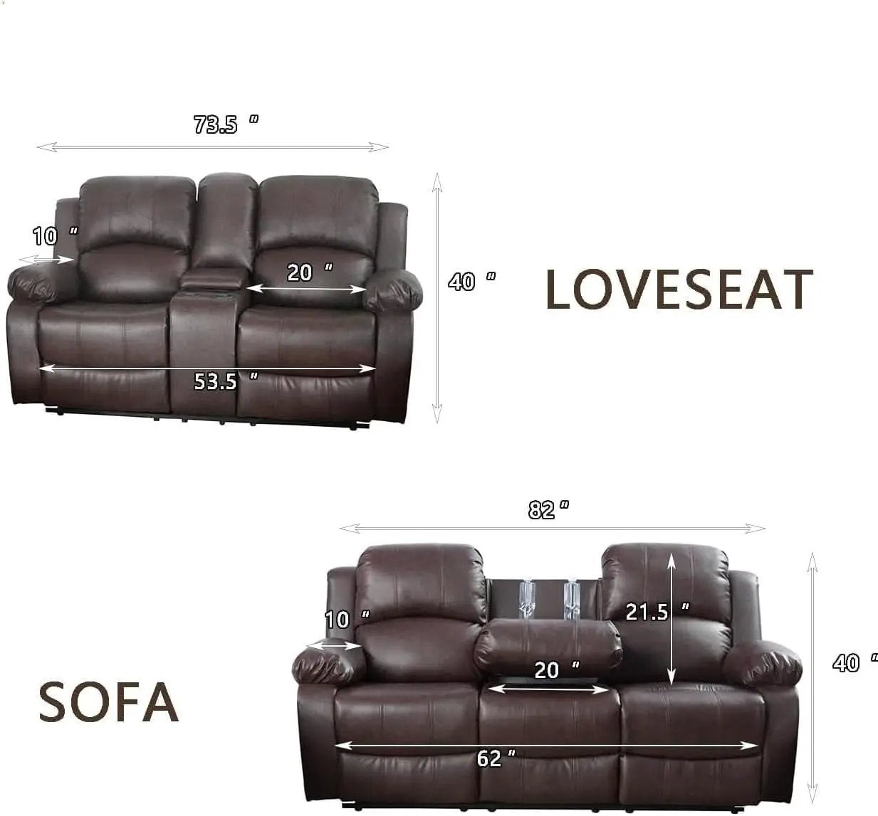Bonded Leather Living Room Sofa Set With Reclining Sofa And Loveseat Brown from PriceLows™