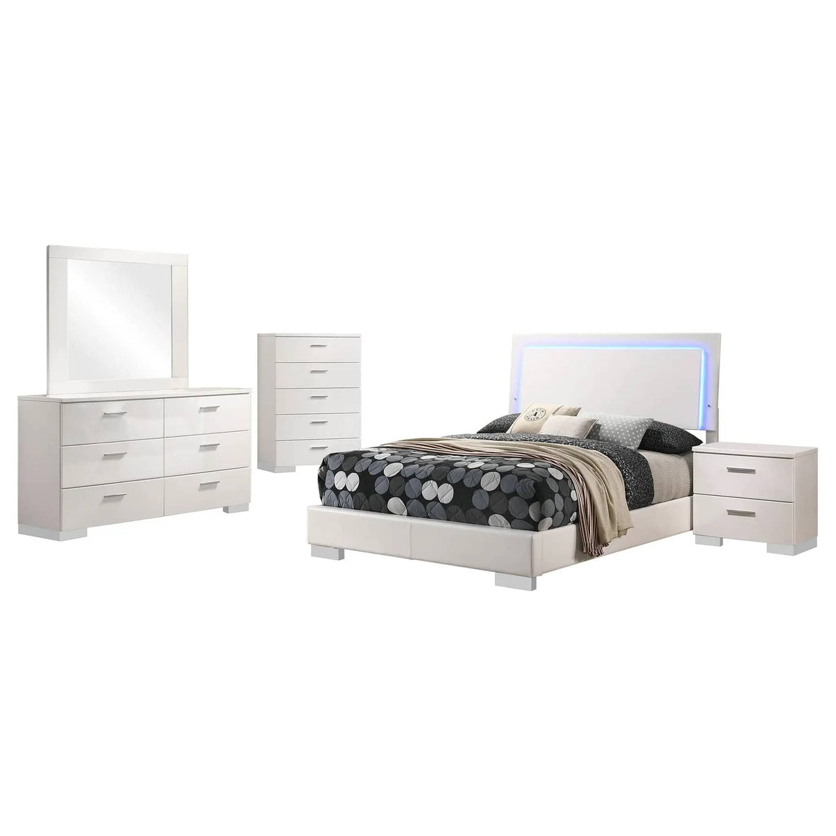 Felicity 5-piece Full Bedroom Set White High Gloss | 5-Piece Set | Faux Leather & Metal | Bedroom