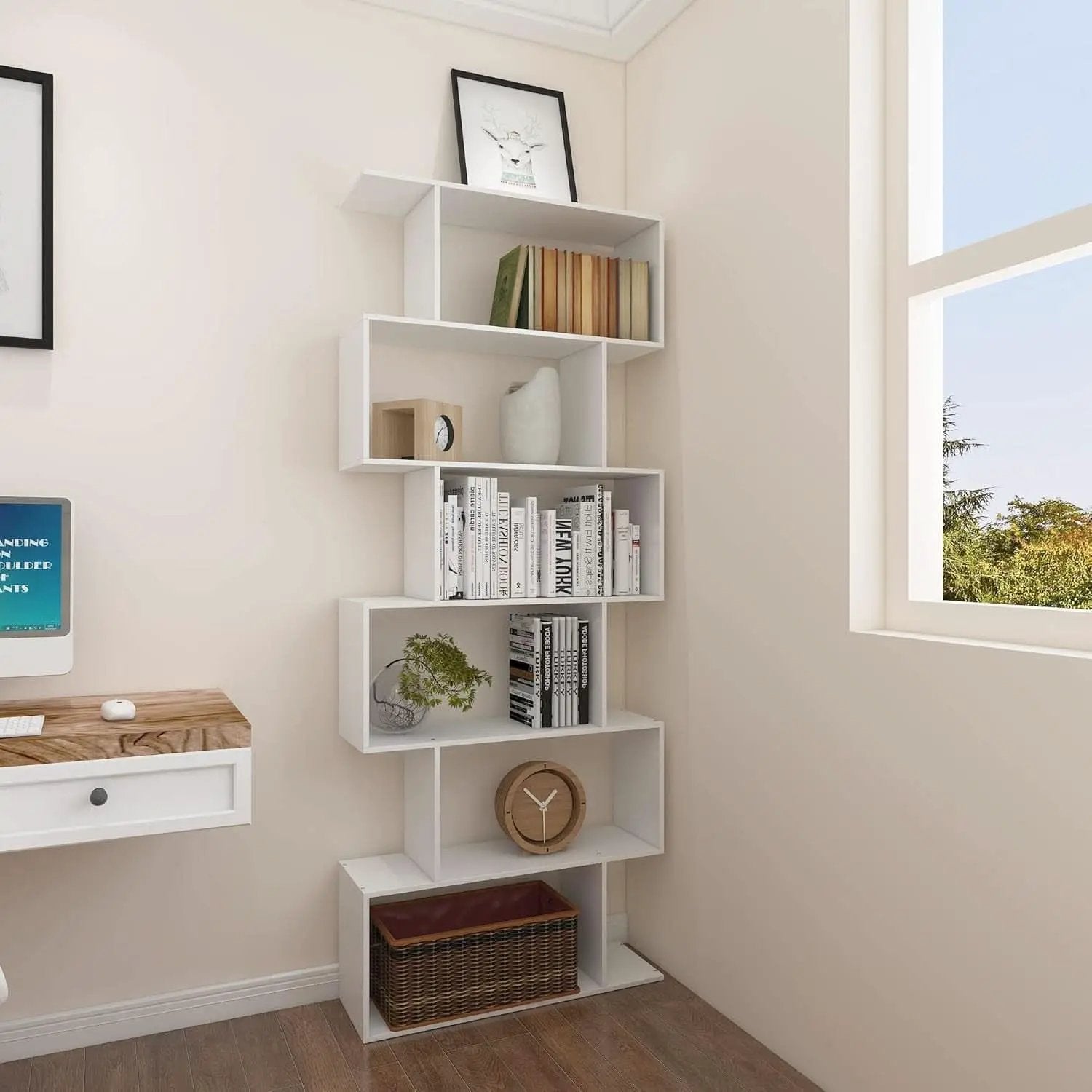 S Shaped Bookshelf White 6 Tier Display Bookcase Office from PriceLows™