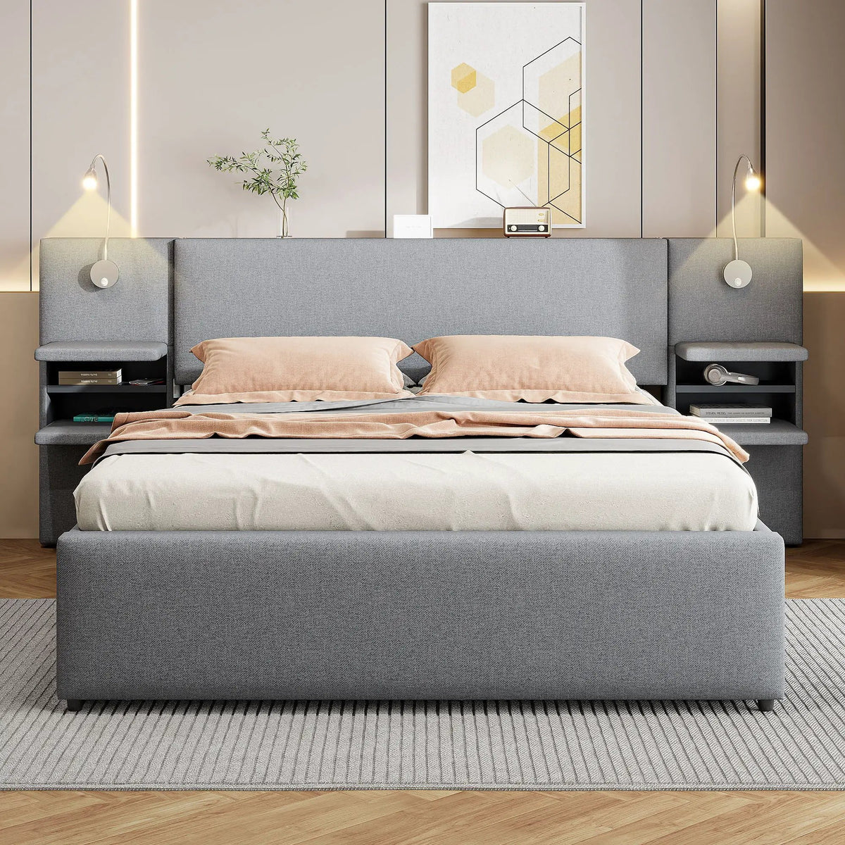 Upholstered Platform Bed | Reading Lights | Drawers And Trundle | Storage Shelves