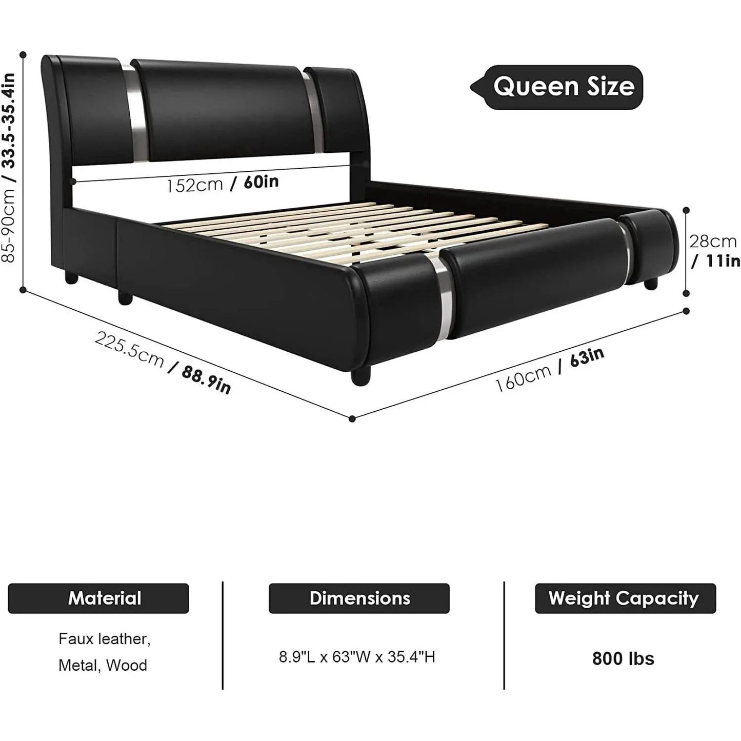 Queen Faux Leather Bed Frame With Adjustable Headboard from PriceLows™