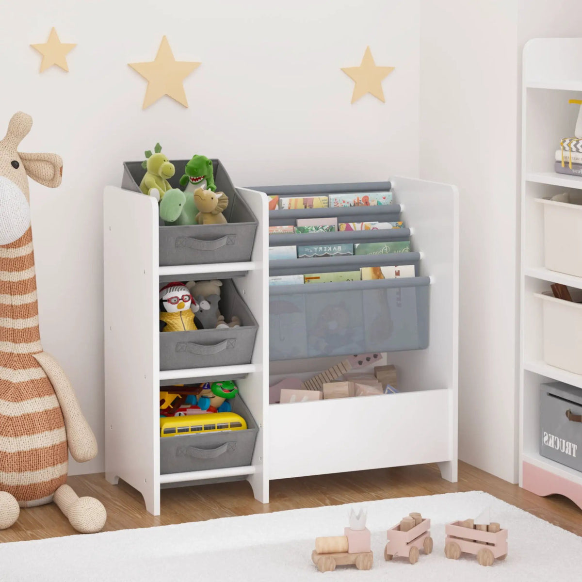 4 Tier Bookshelf | 3 Collapsible Fabric Drawers | White